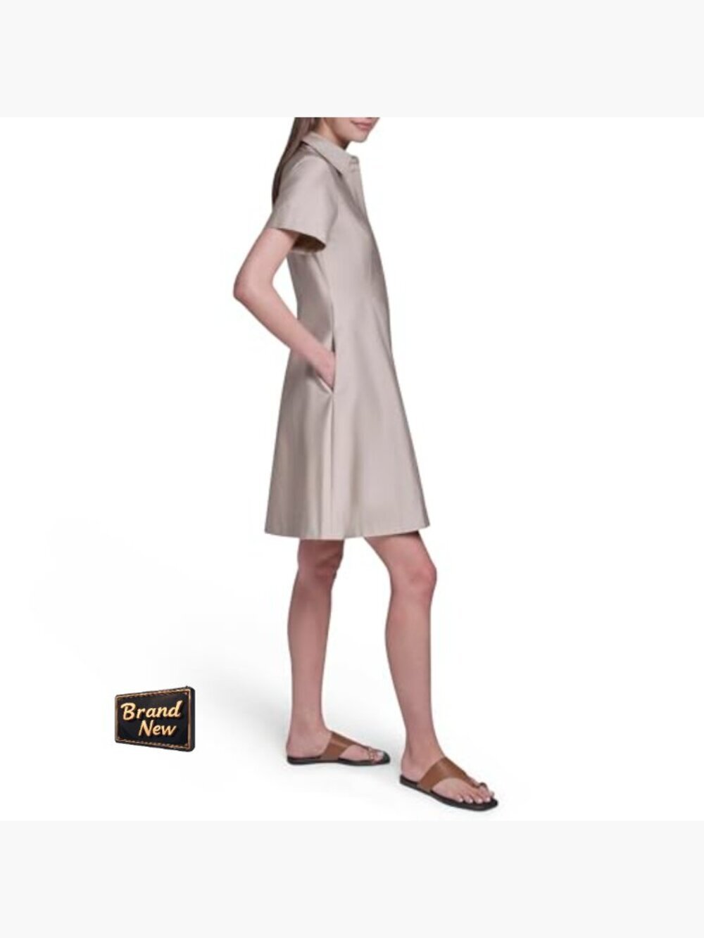 Short Sleeve Button Up Cotton Sateen Shirt Dress Midi Knee-Length - Picture 3 of 7